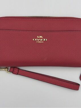 Coach Zip Around Pink Wristlet Wallet With Gold Logo